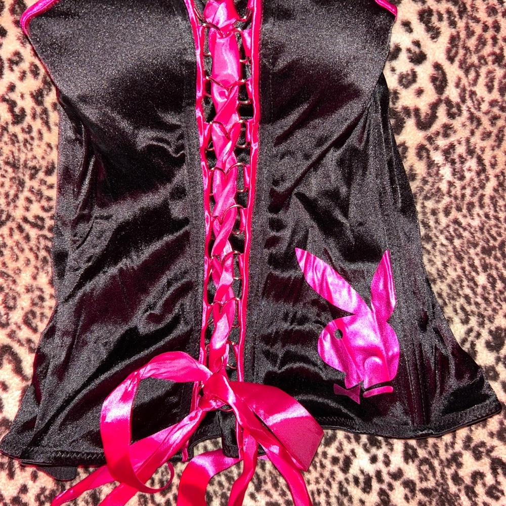Playboy Black and Pink Lace-Up Corset Top